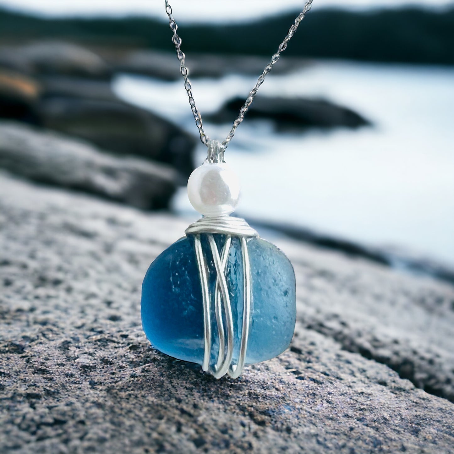 Large Chunky Blue Seaham Sea Glass Pebble Pendant
