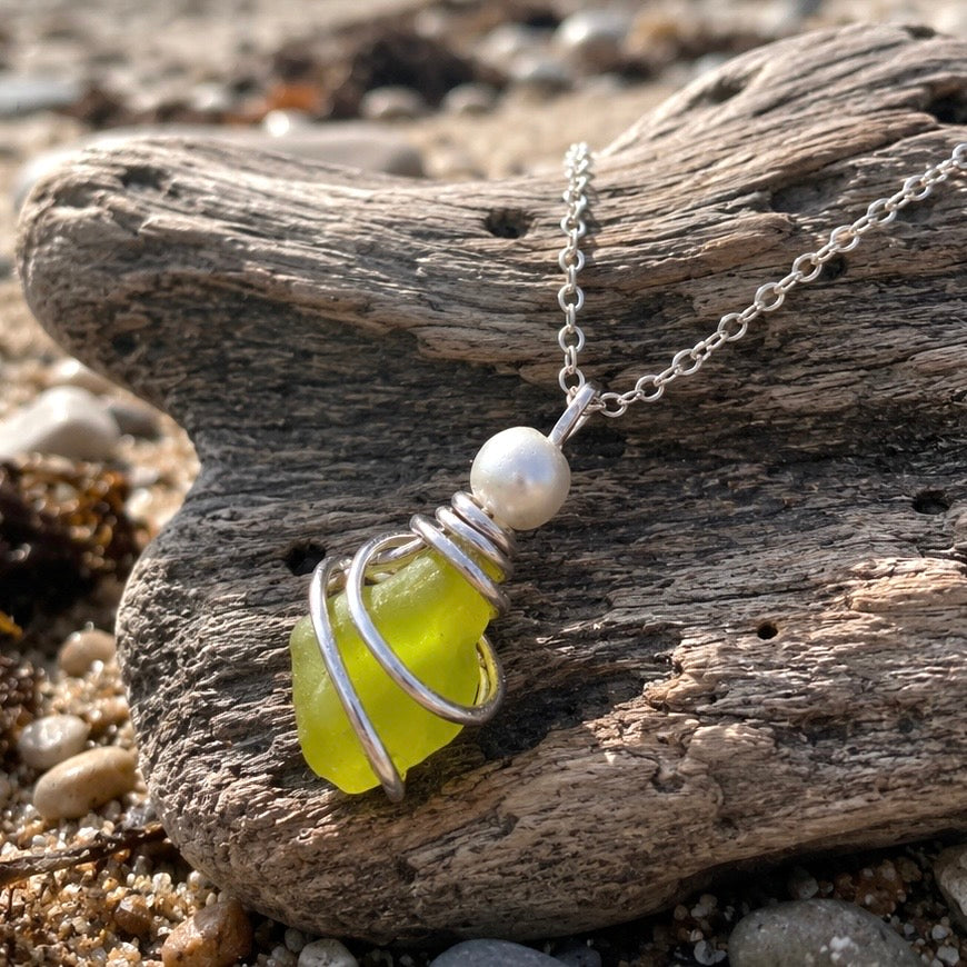 Canary Island Rare Neon Yellow  Sea Glass Pendant