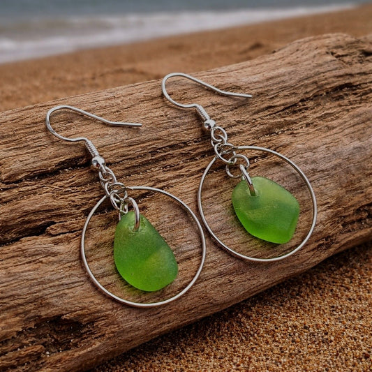 Bright Green Spanish Sea Glass Hoop Earrings