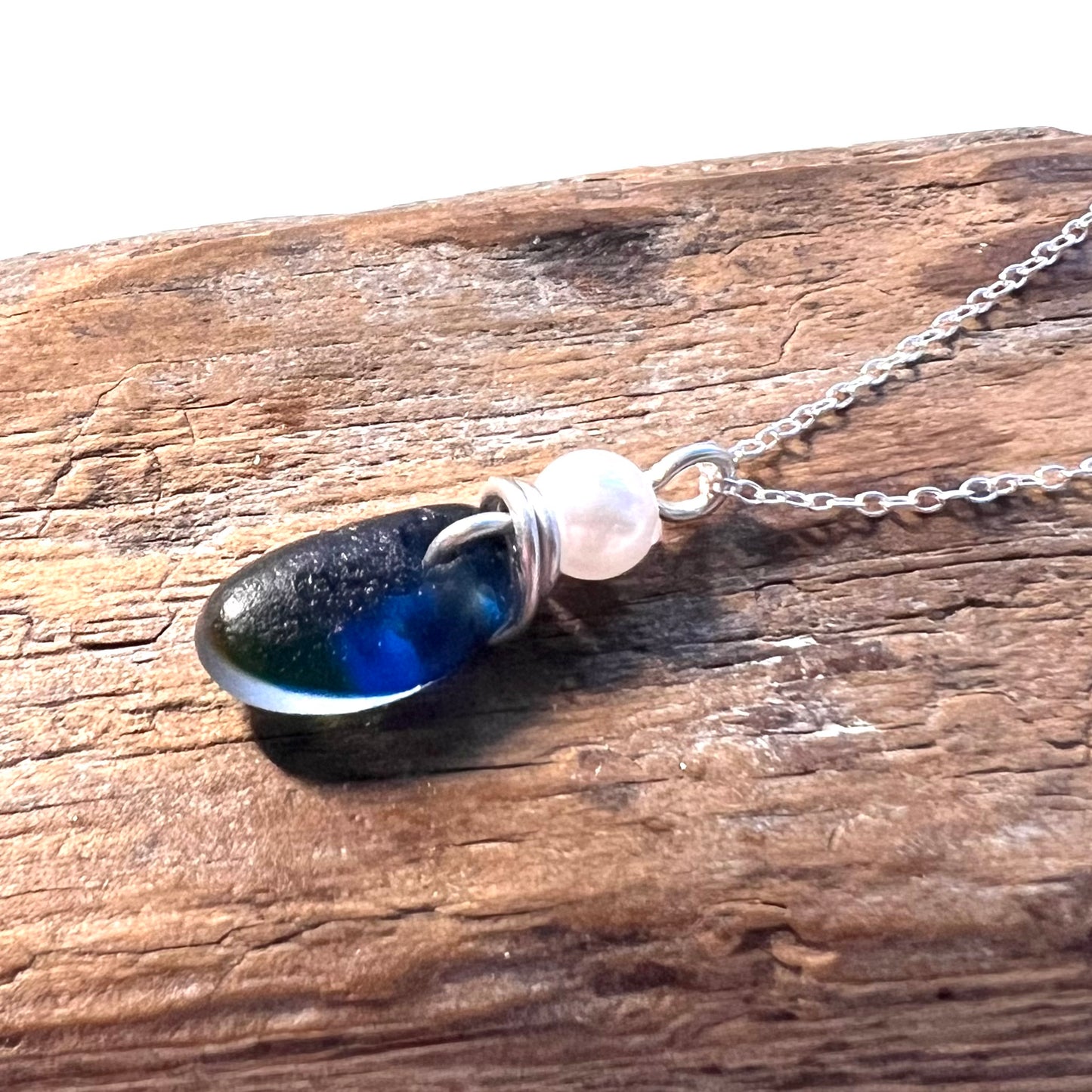 Deep Blue and Green Seaham Sea Glass Multi Pendant