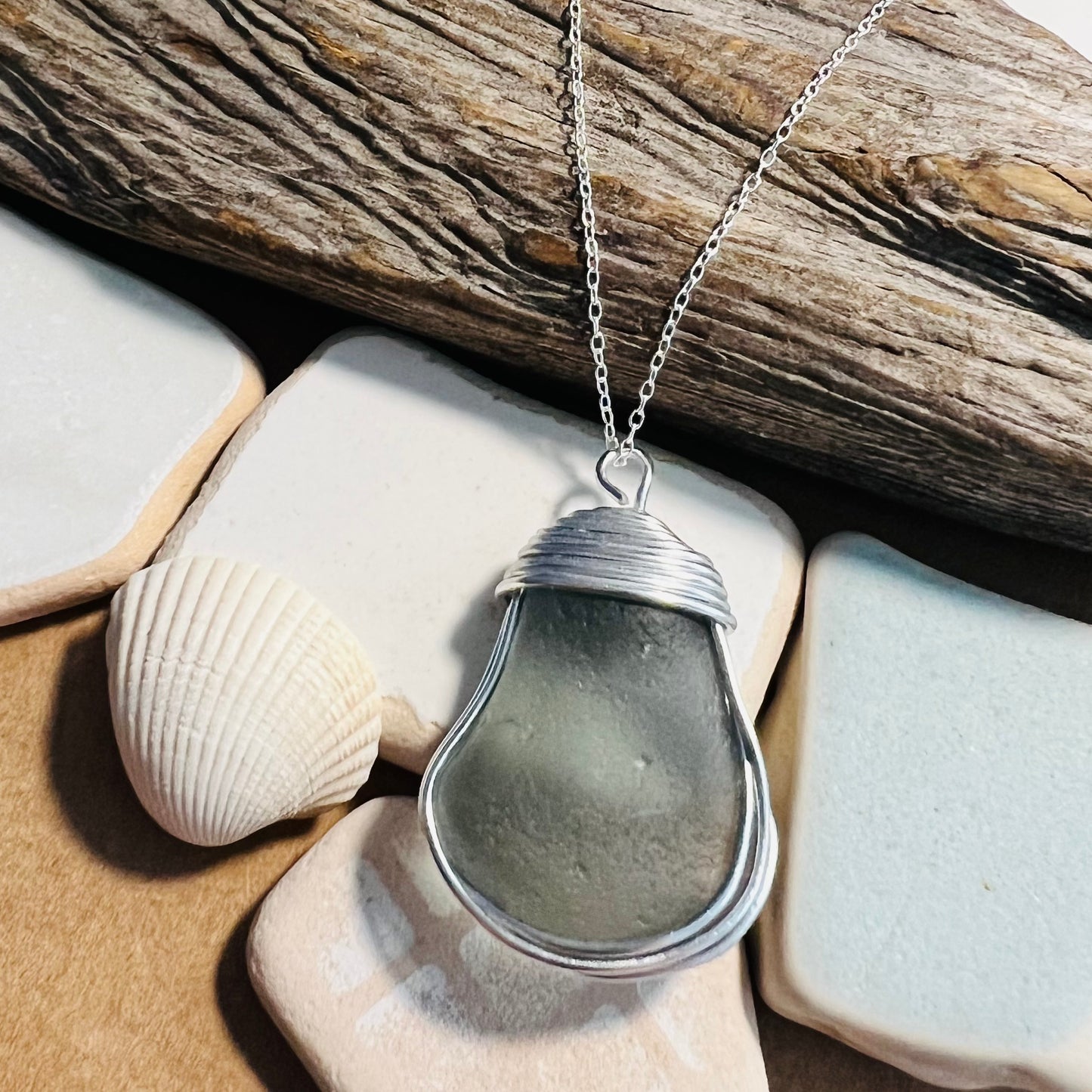 Large Dusky Grey Seaham Sea Glass Pendant