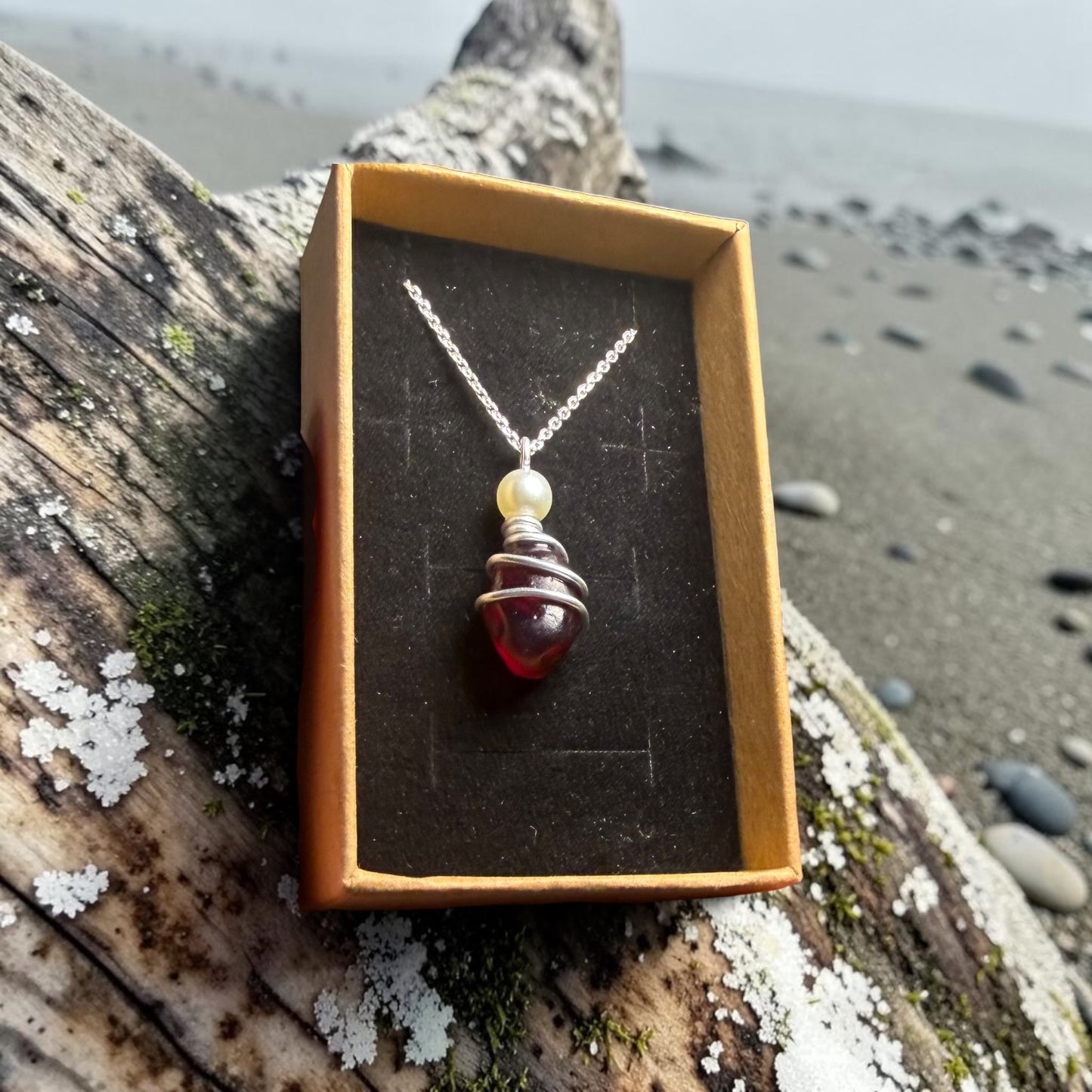 Rare Burgundy Red Seaham Sea Glass  Pendant