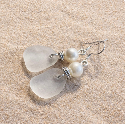 Frosty White Seaham Sea Glass Heart Earrings
