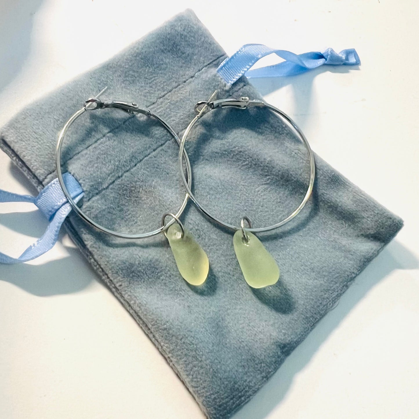 Pale Green Seaham Sea Glass Hoop Earrings