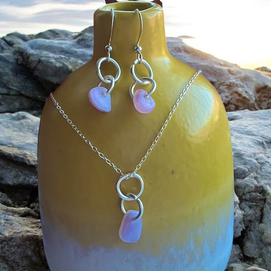 Pink and Lilac Milky Sea Glass Jewellery Set