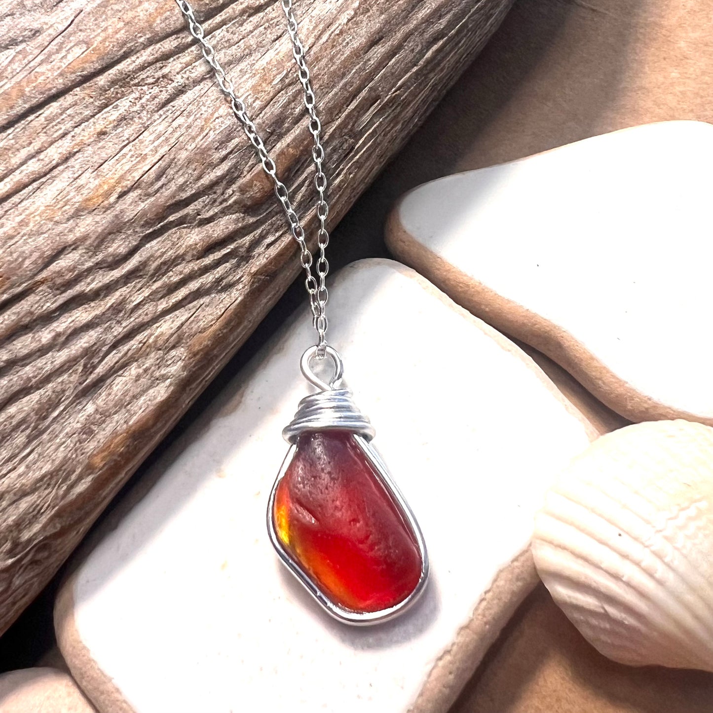 Very Rare Red and Orange and Yellow Seaham Sea Glass Multi Pendant