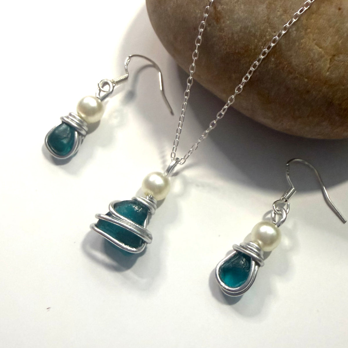 Turquoise Green Seaham Sea Glass Jewellery Set
