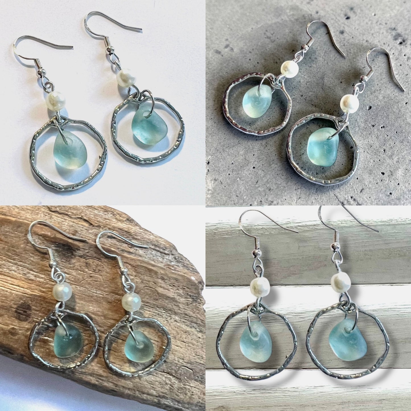 Aqua Sea Glass Frame & Pearl Earrings