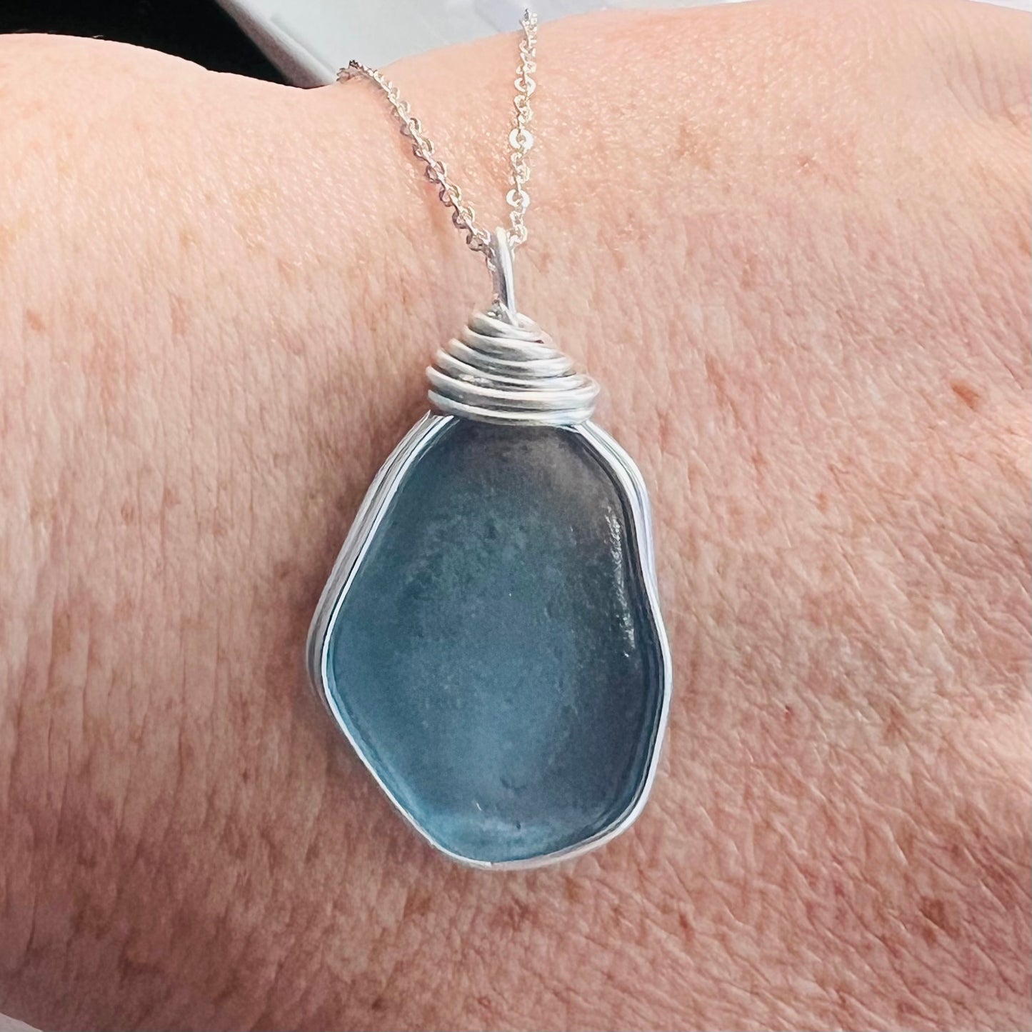 Large Dusky Blue Seaham Sea Glass Pendant
