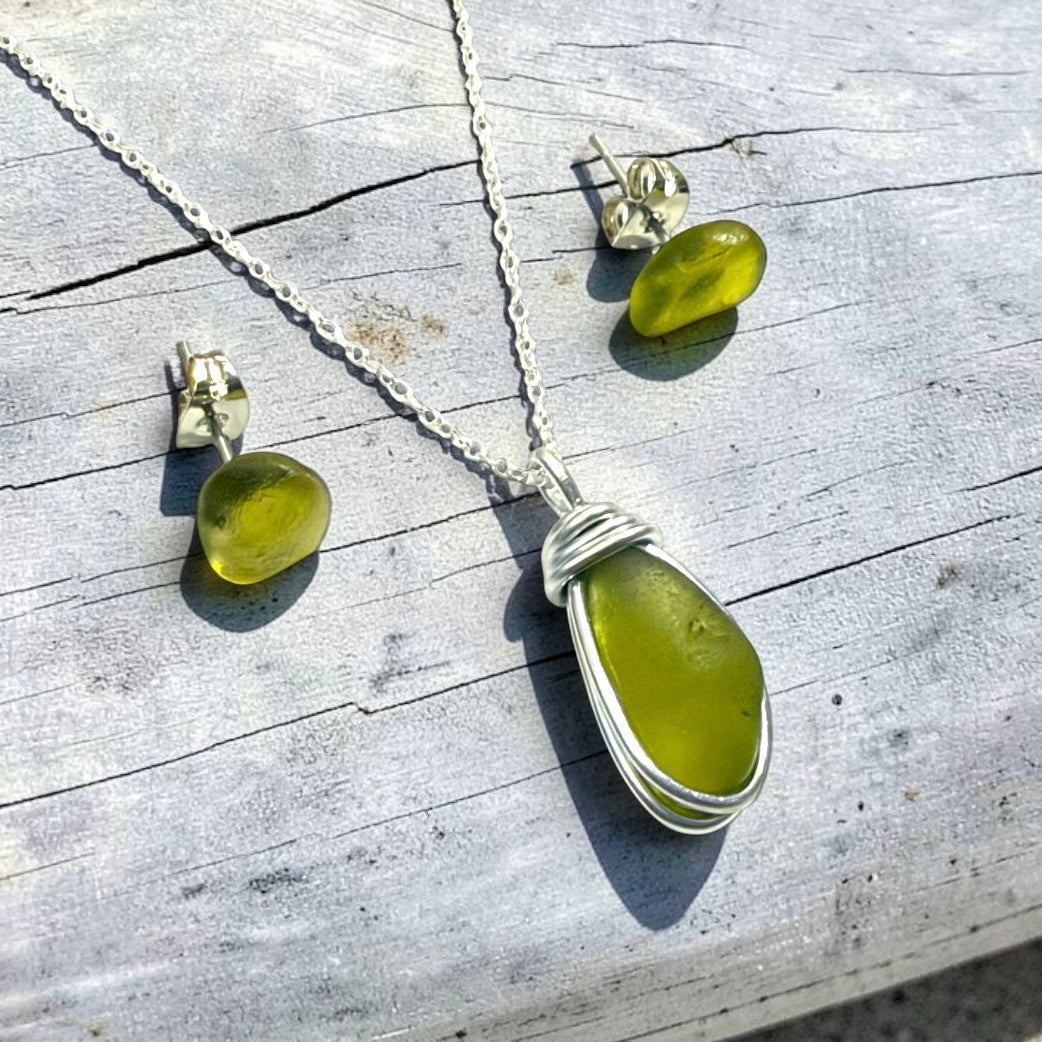 Olive Green Seaham Sea Glass Jewellery Set