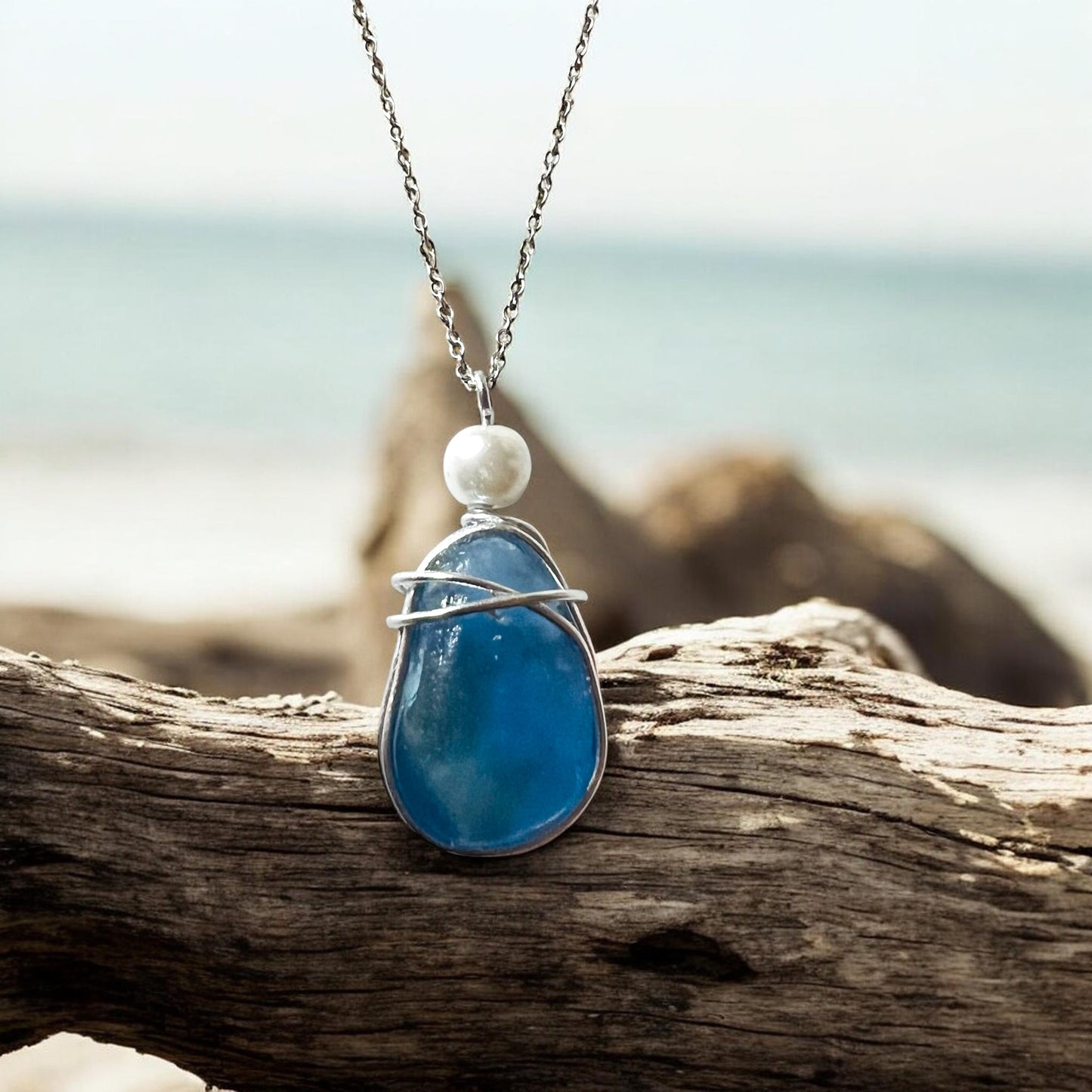 Large Dusky Blue Seaham Sea Glass Pendant