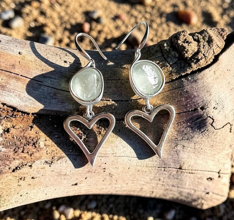 Seaham Sea Glass and Heart Dangly Earrings