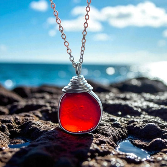 Large Very Rare Red and Orange Seaham Sea Glass Pendant