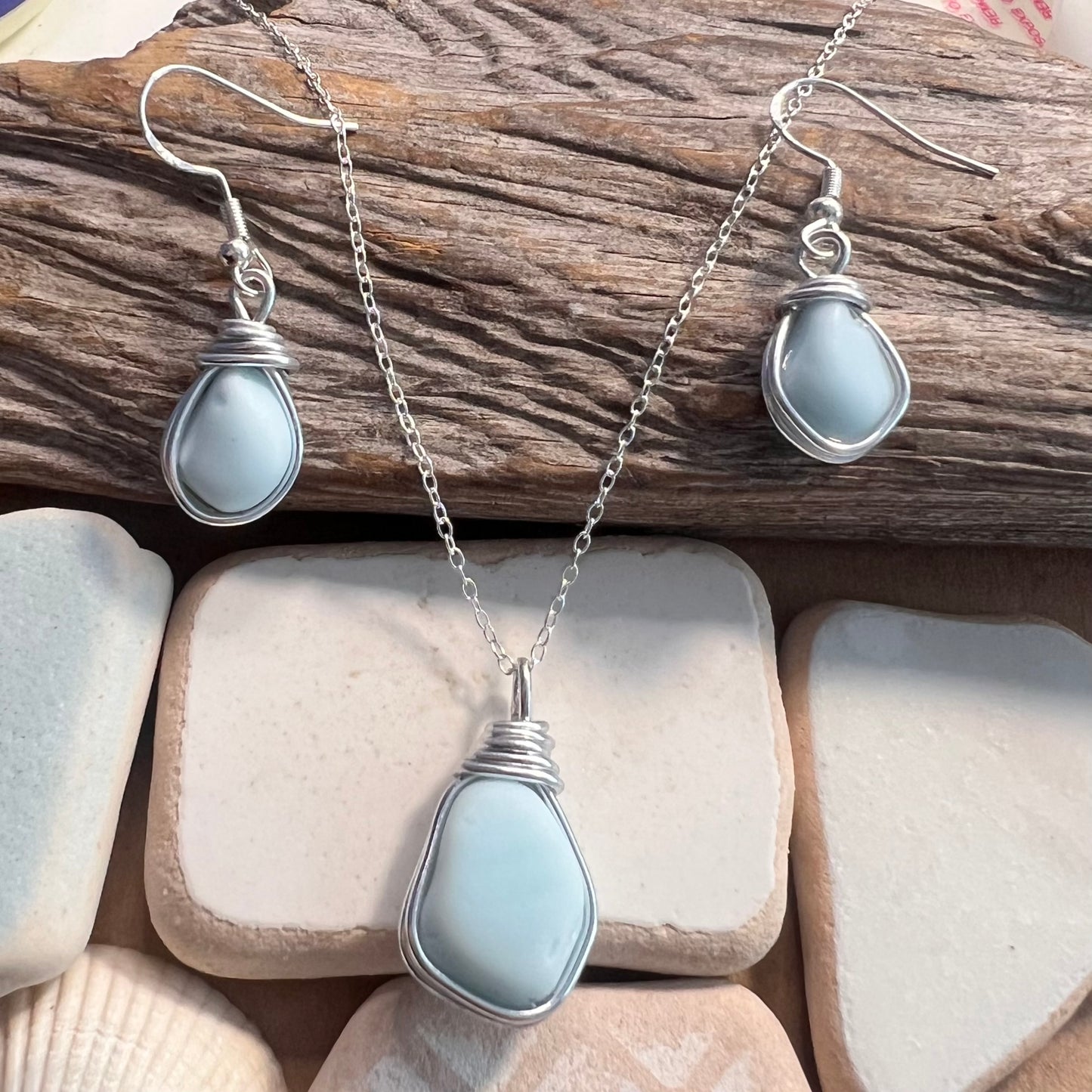 Milky Blue Seaham Sea Glass Jewellery Set