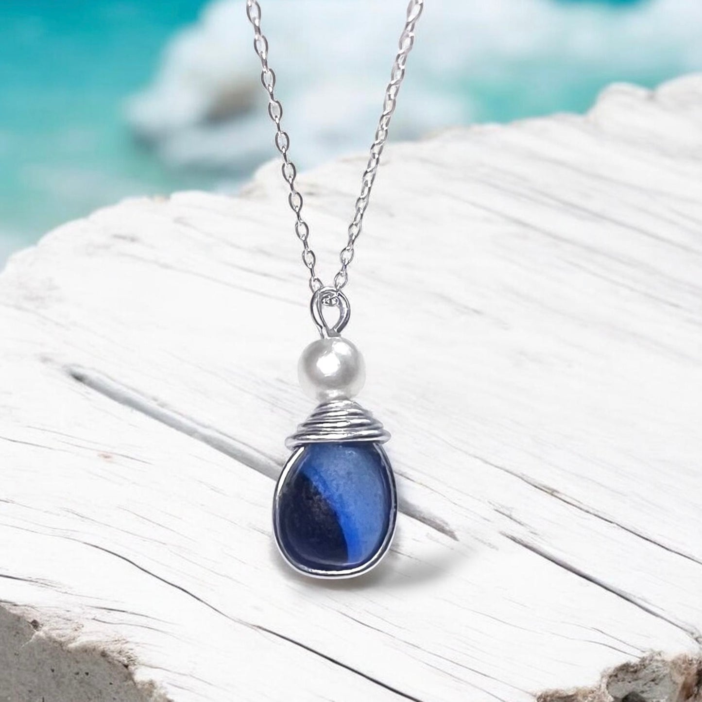 Seaham Sea Glass Multi Tone Blues  Pendant