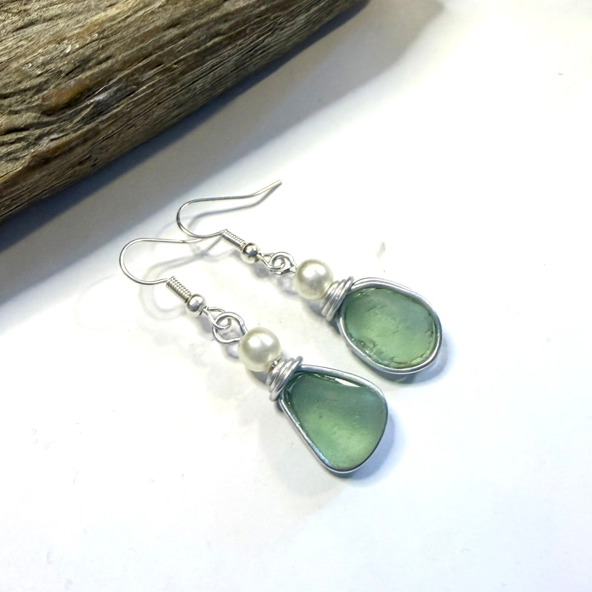 Devon Sea Glass & Ivory Glass Pearl Bead Earrings