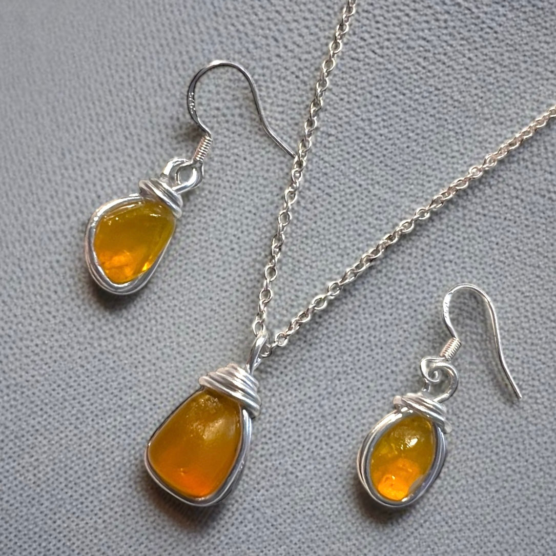 Rare Yellow Seaham Sea Glass Jewellery Set