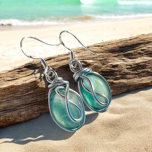 Turquoise Seaham Sea Glass and Glass Pearl Earrings