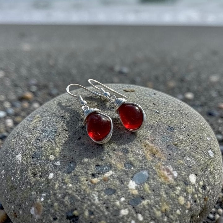 Rare Red Seaham Sea Glass Earrings