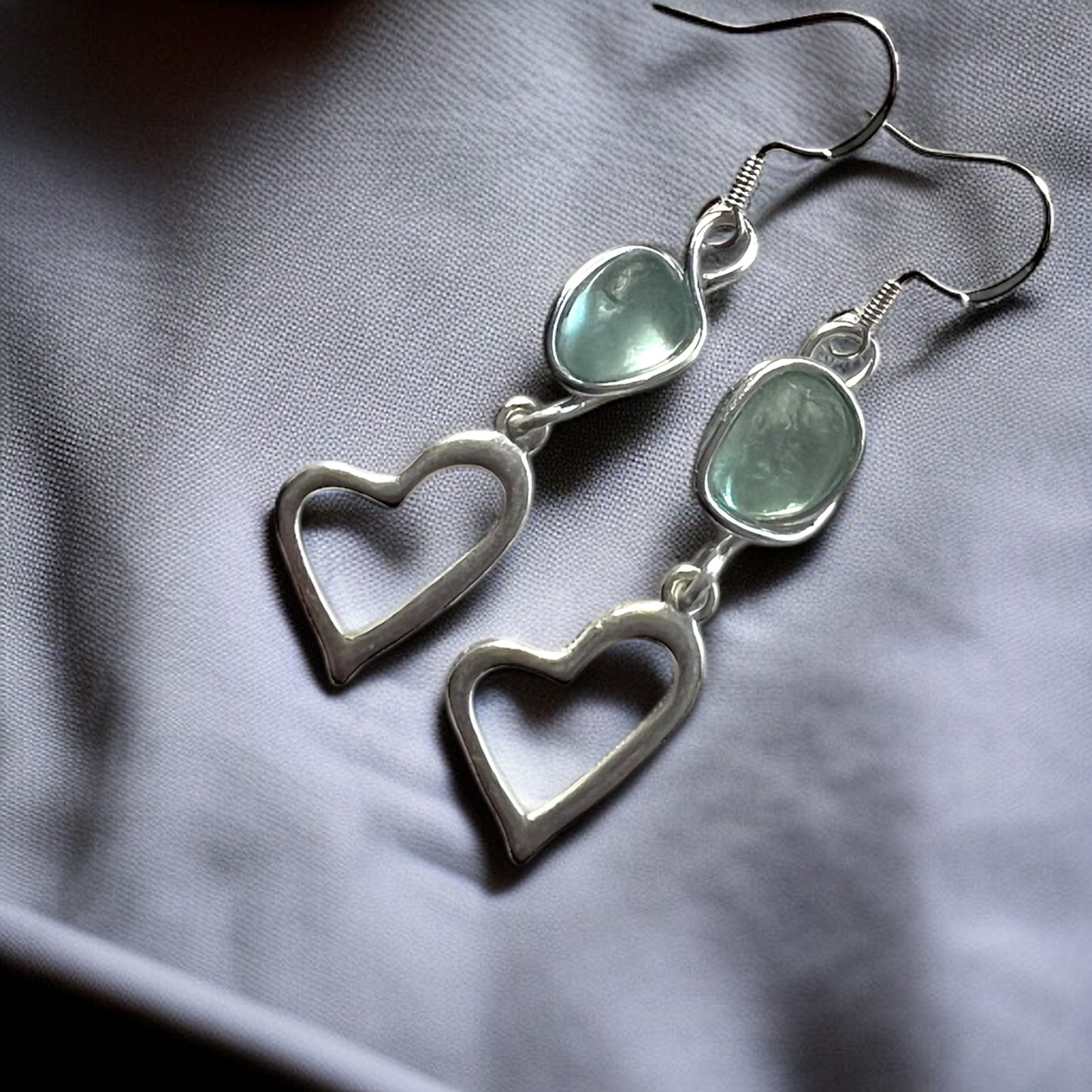 Sea Glass and Heart Dangly Earrings