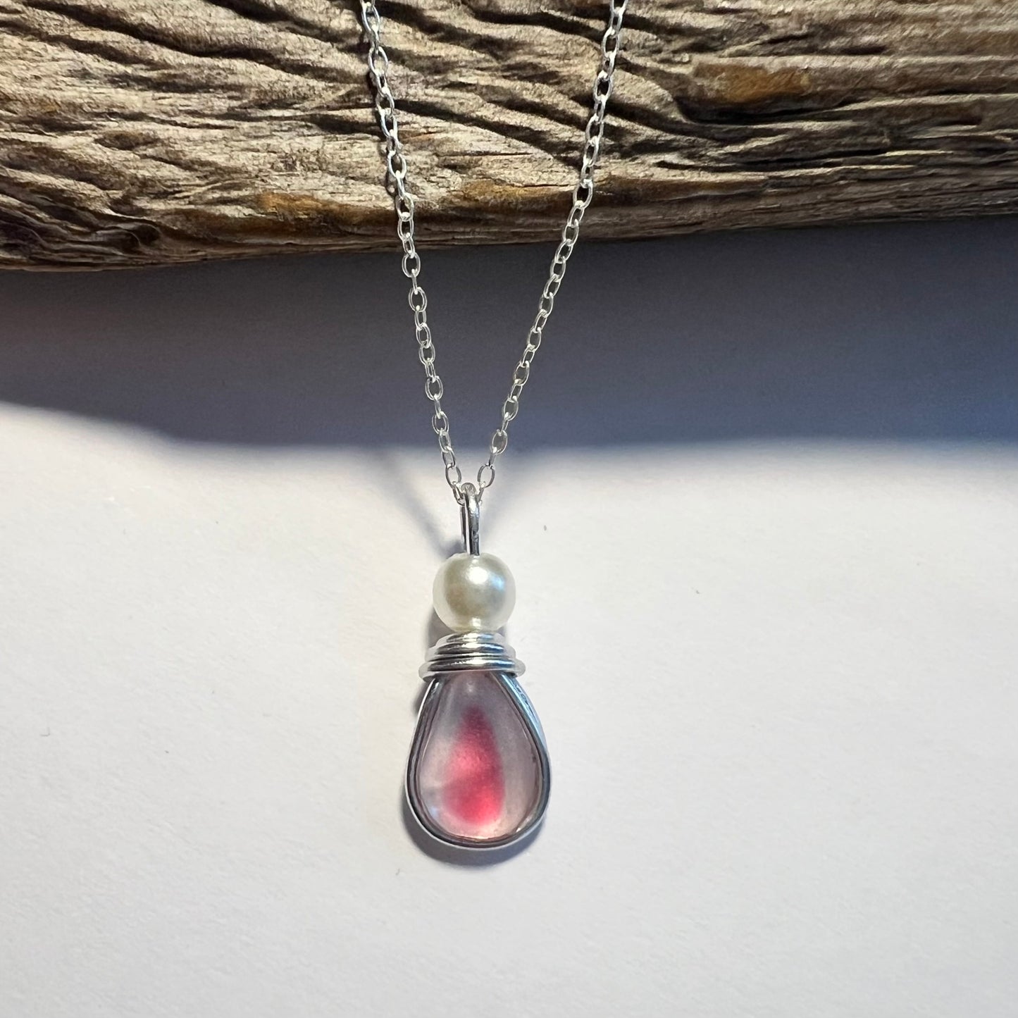 Pale Pink & White Seaham Sea Glass Multi Pendant