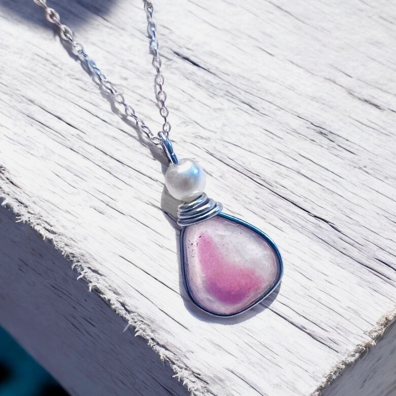 Pink & White Seaham Sea Glass Multi Pendant