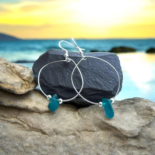 Dangly Turquoise Green Seaham Sea Glass Hoop Earrings