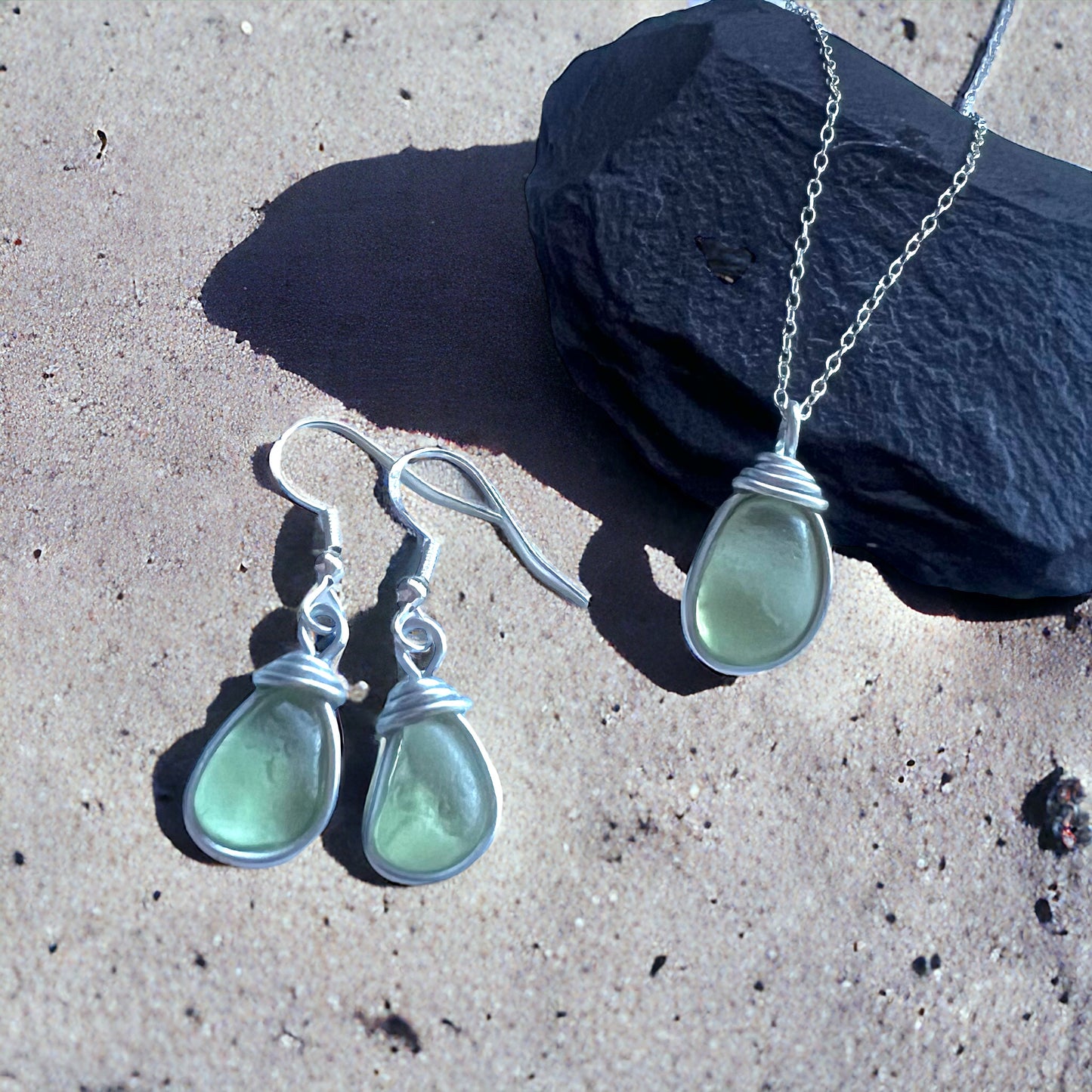 Pale Green Seaham Sea Glass Jewellery Set