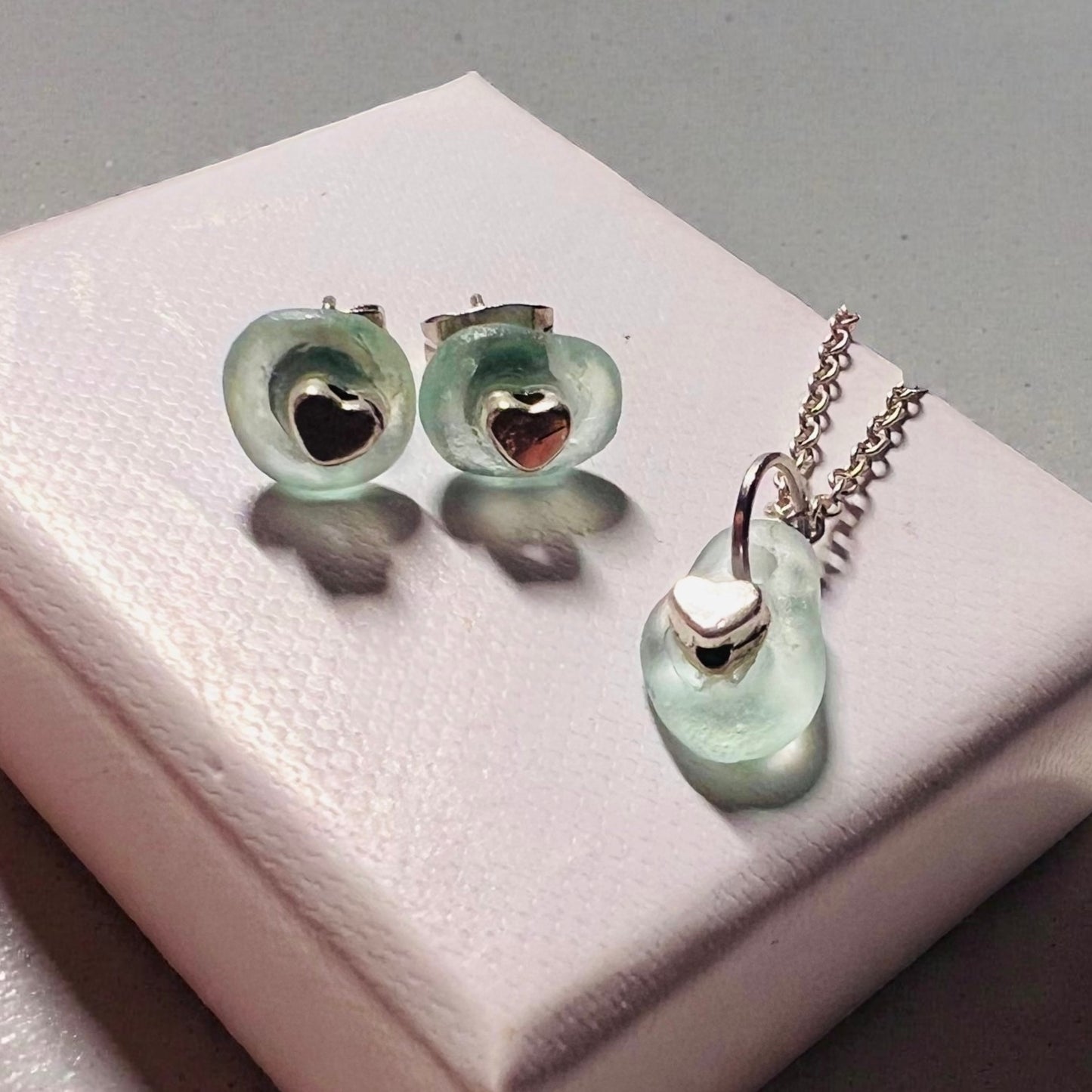 Cute Aqua Seaham Sea Glass Jewellery & Heart  Set