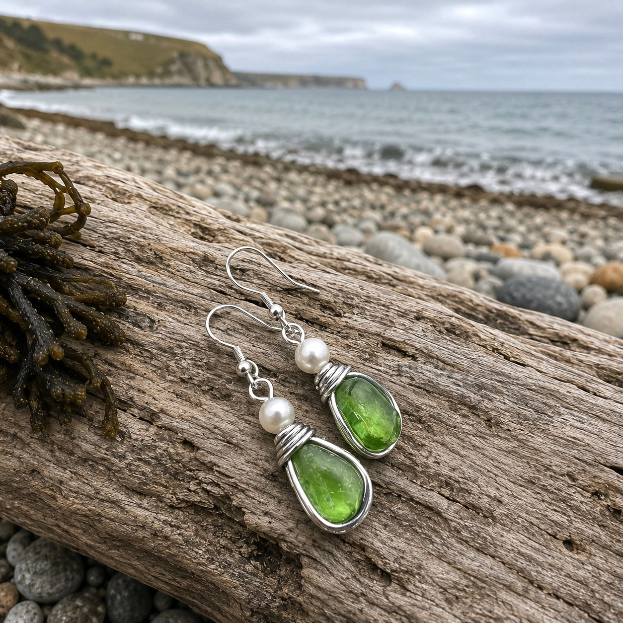 Bright Green Seaham Sea Glass Earrings