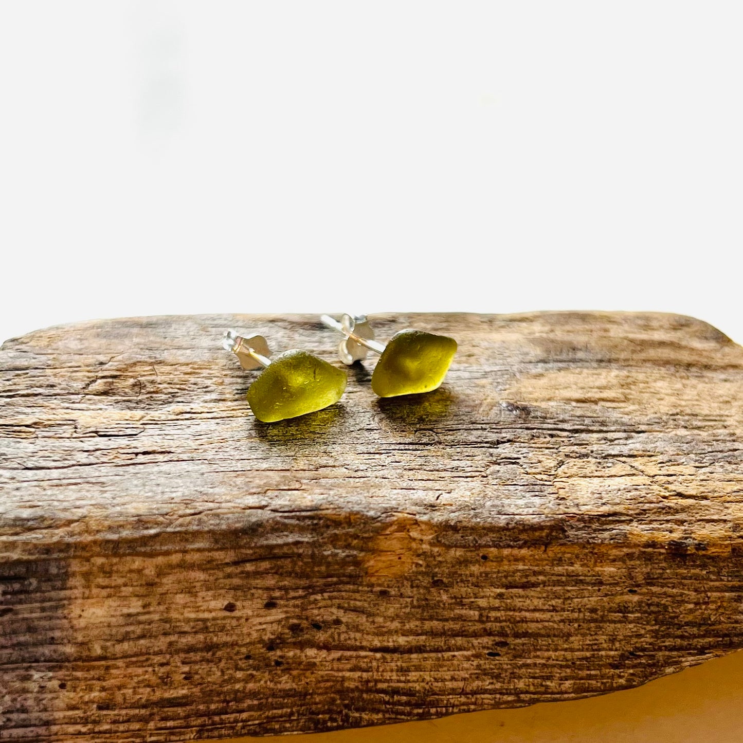 Olive Green Seaham Sea Glass Stud Earrings