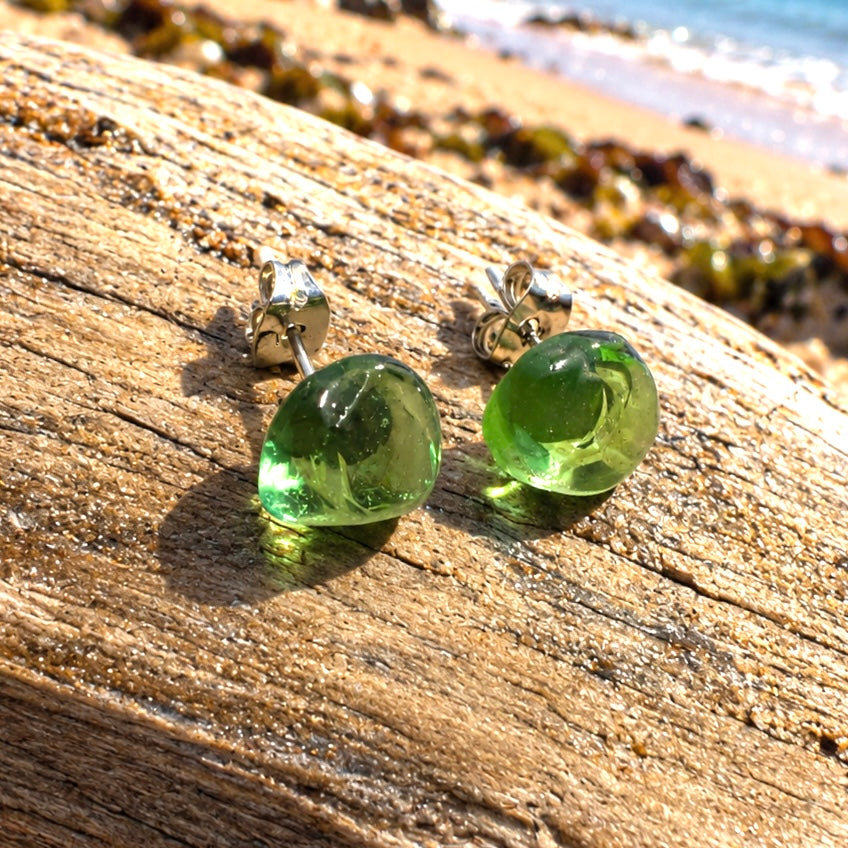 Rare Lime Green Spanish Sea Glass Stud Earrings