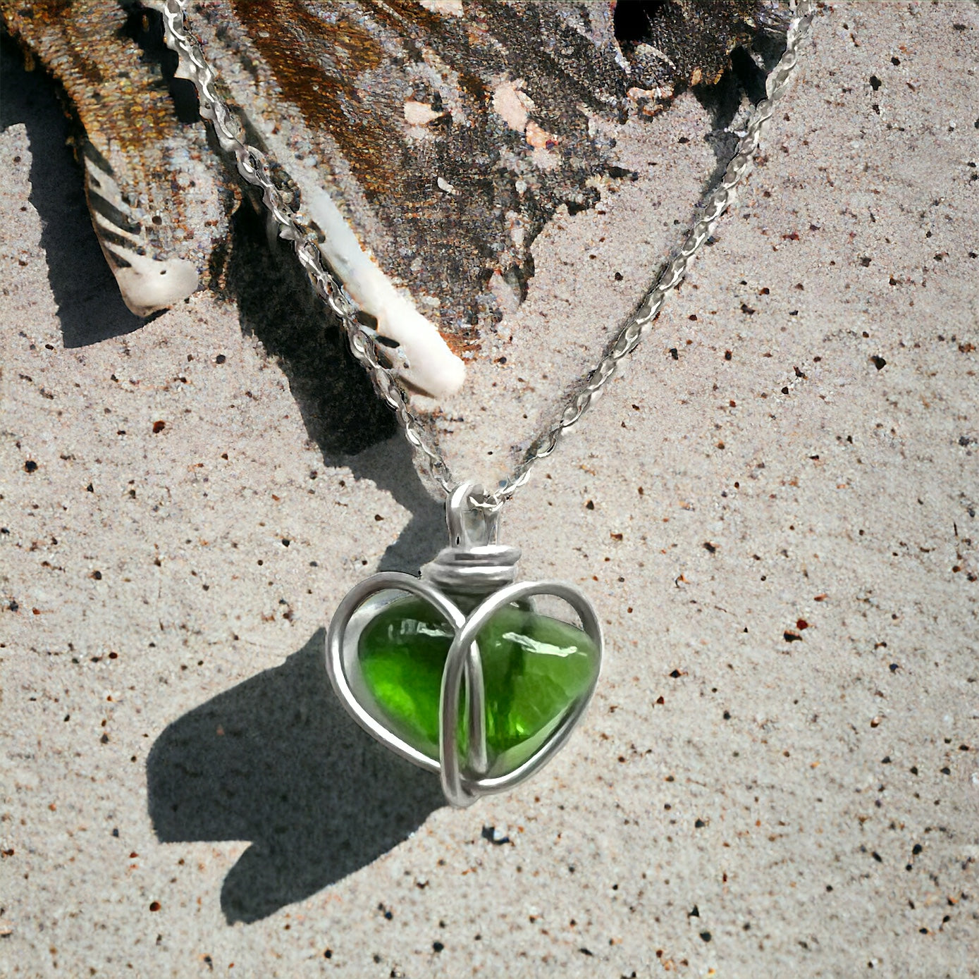 Bright Green Seaham Sea Glass Heart Pendant