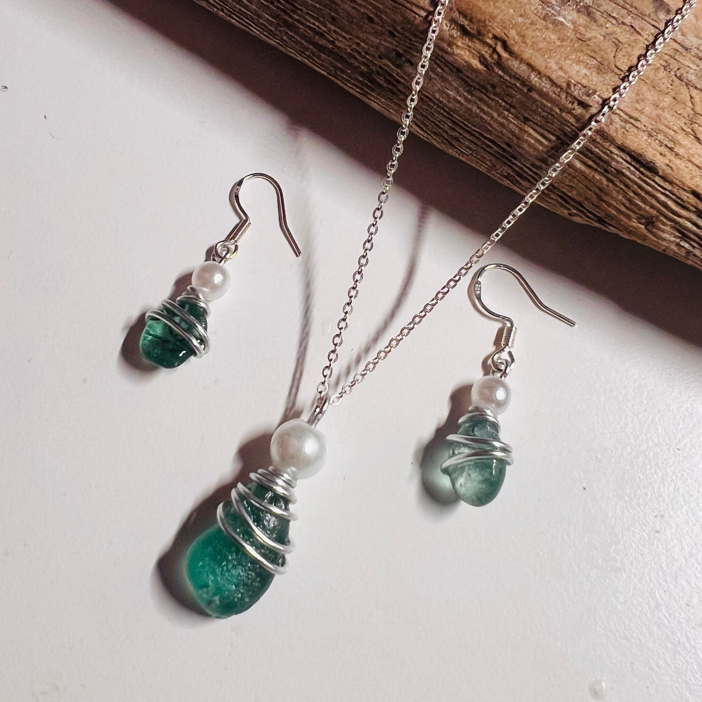 Turquoise Green Seaham Sea Glass Jewellery Set