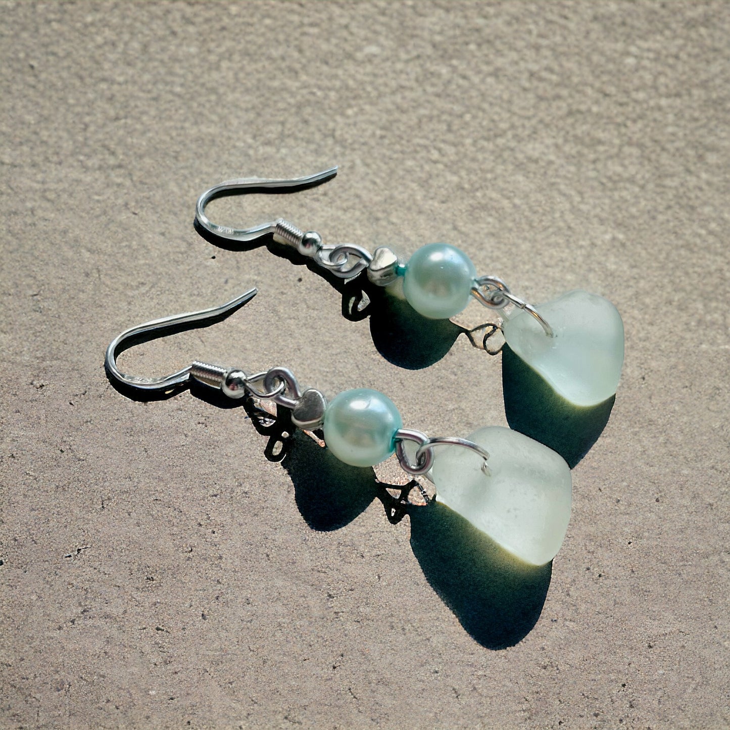 Sea Glass & Glass Pearl Mini Heart Drop Earrings
