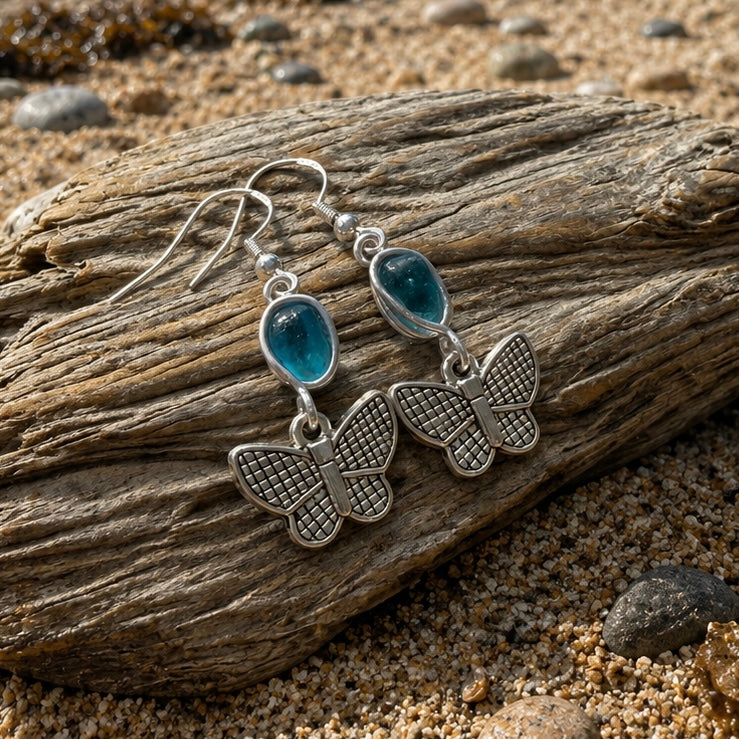 Blue Seaham Sea Glass Butterfly Charm Earrings