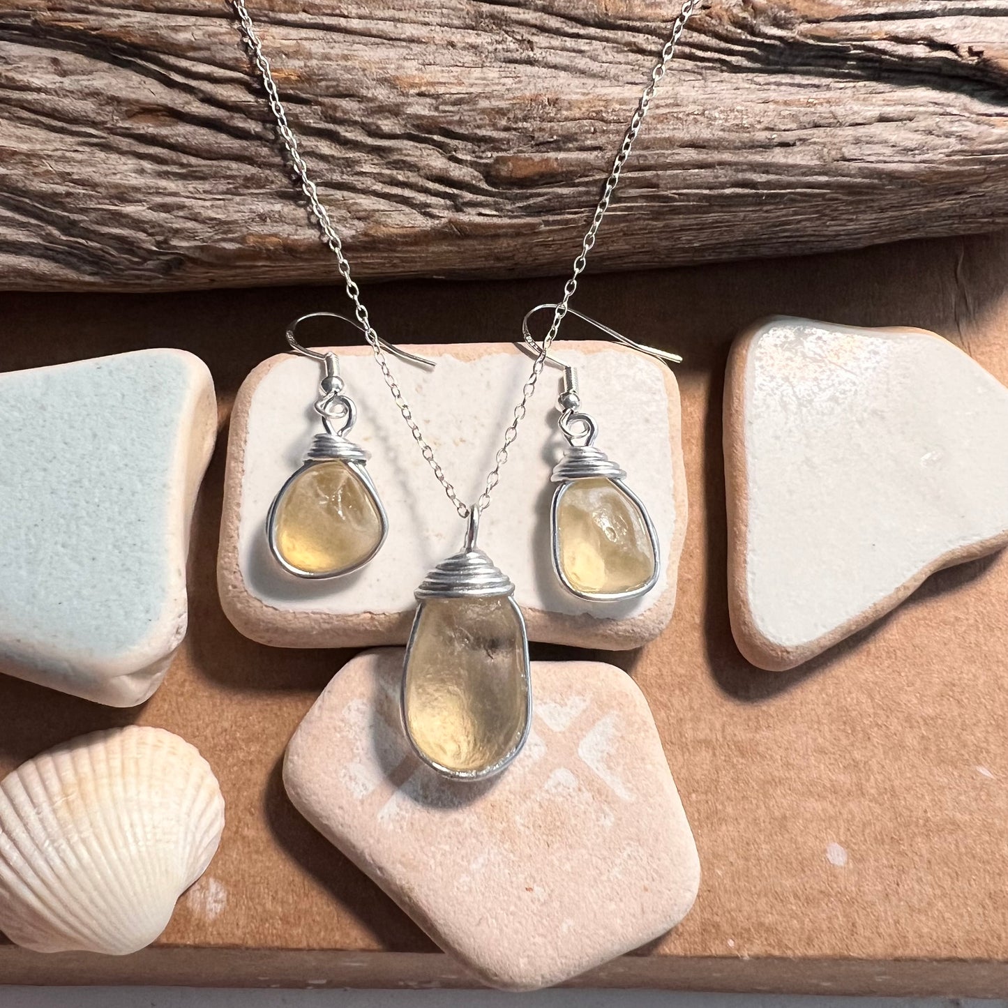 Pale Yellow Seaham Sea Glass Jewellery Set