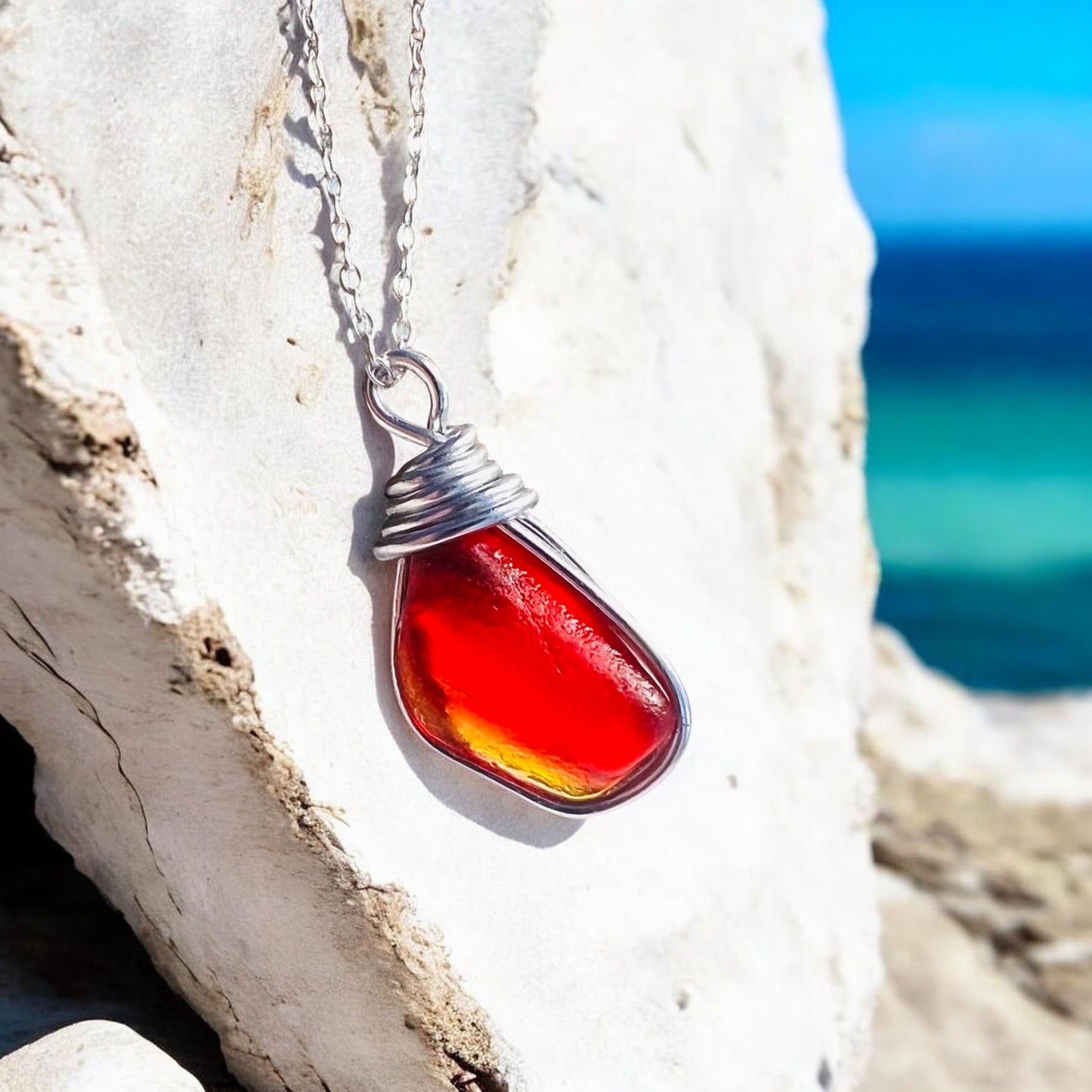 Very Rare Red and Orange and Yellow Seaham Sea Glass Multi Pendant