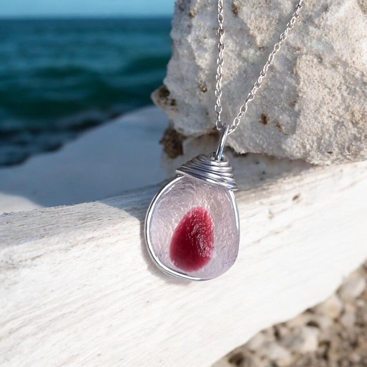 Large Pink & White Seaham Sea Glass Multi Pendant