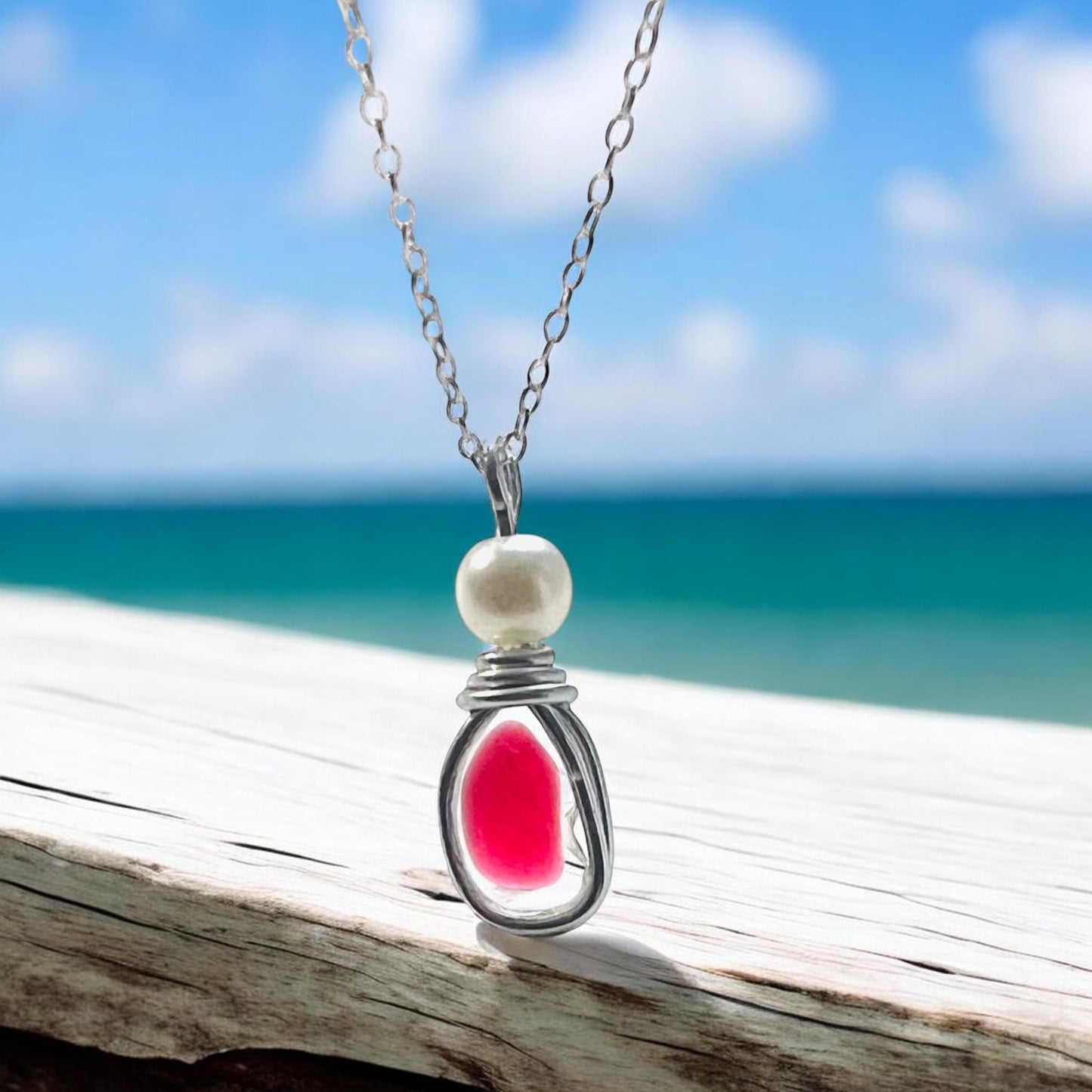 Pink & White Seaham Sea Glass Multi Pendant
