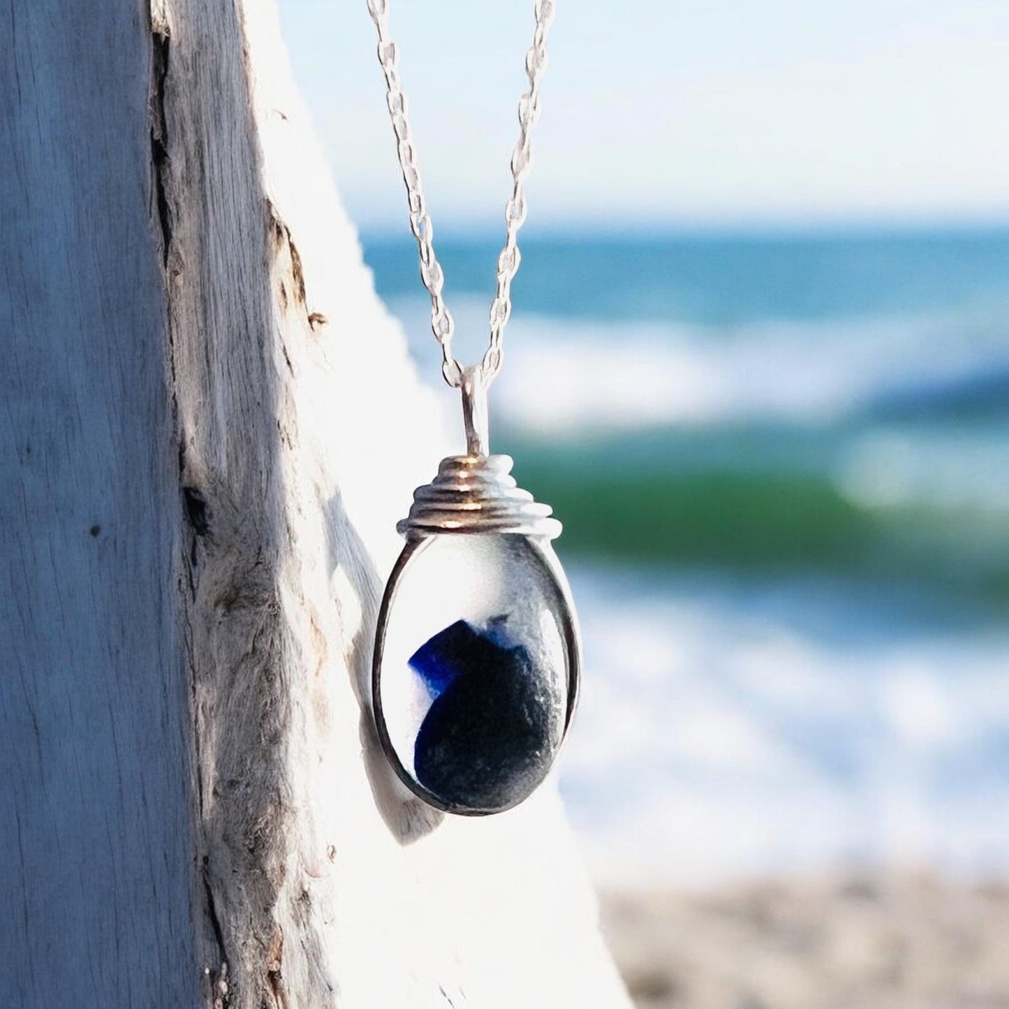Deep Blue and White Seaham Sea Glass Multi Pendant