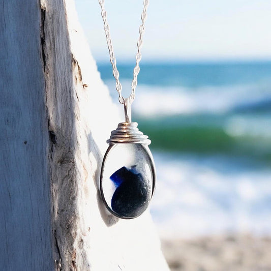 Deep Blue and White Seaham Sea Glass Multi Pendant