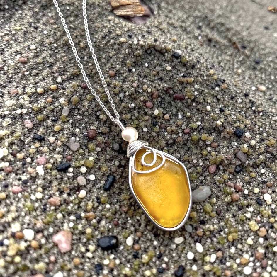 Large Rare Yellow Seaham Sea Glass Pendant
