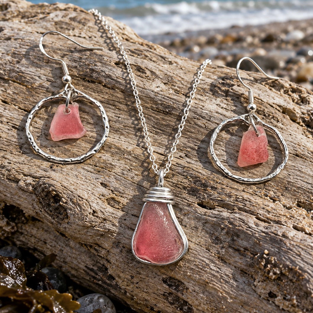 Rare Pink Canary Island Sea Glass Jewellery Set