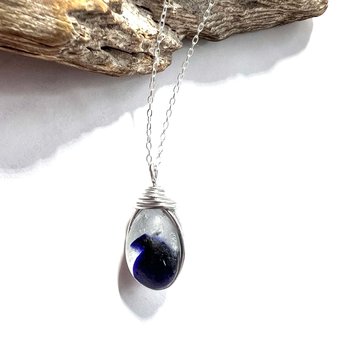 Deep Blue and White Seaham Sea Glass Multi Pendant
