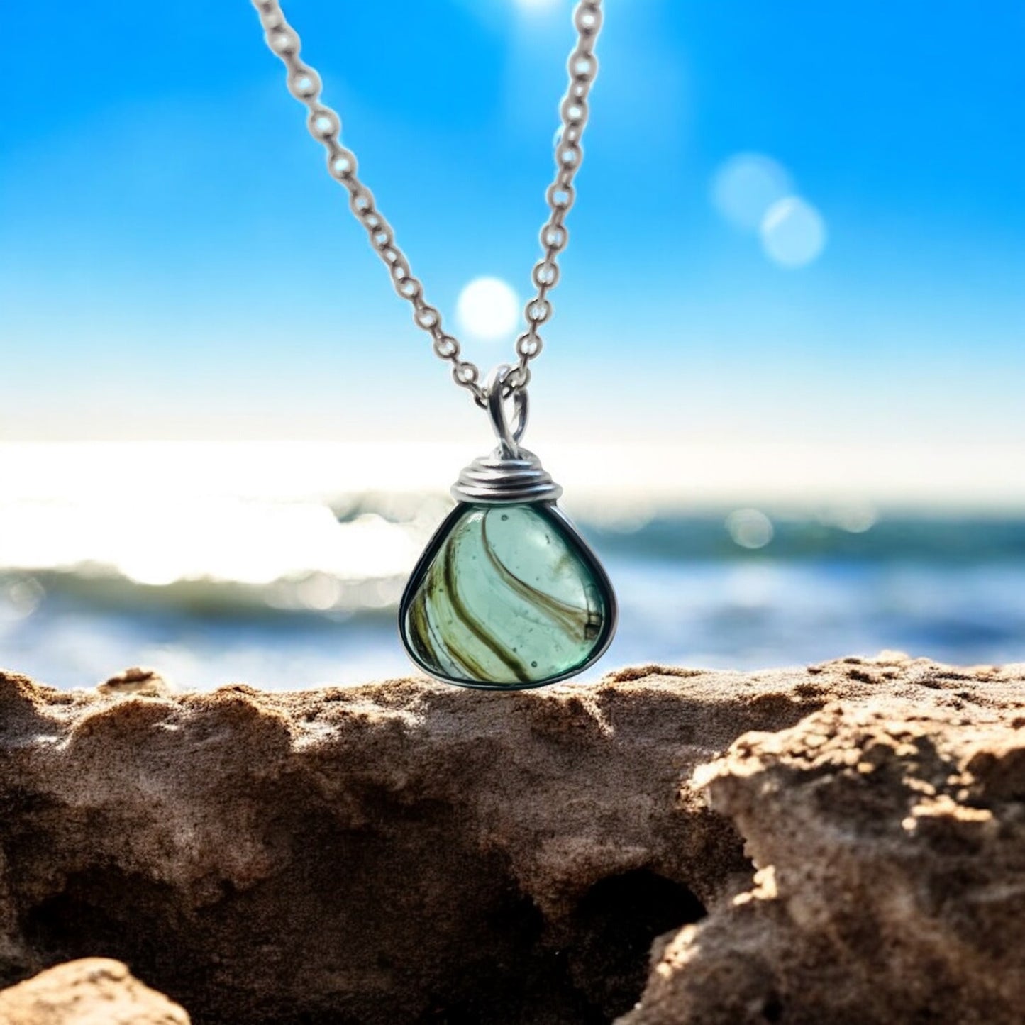 Mixed Green Seaham Sea Glass Multi Pendant