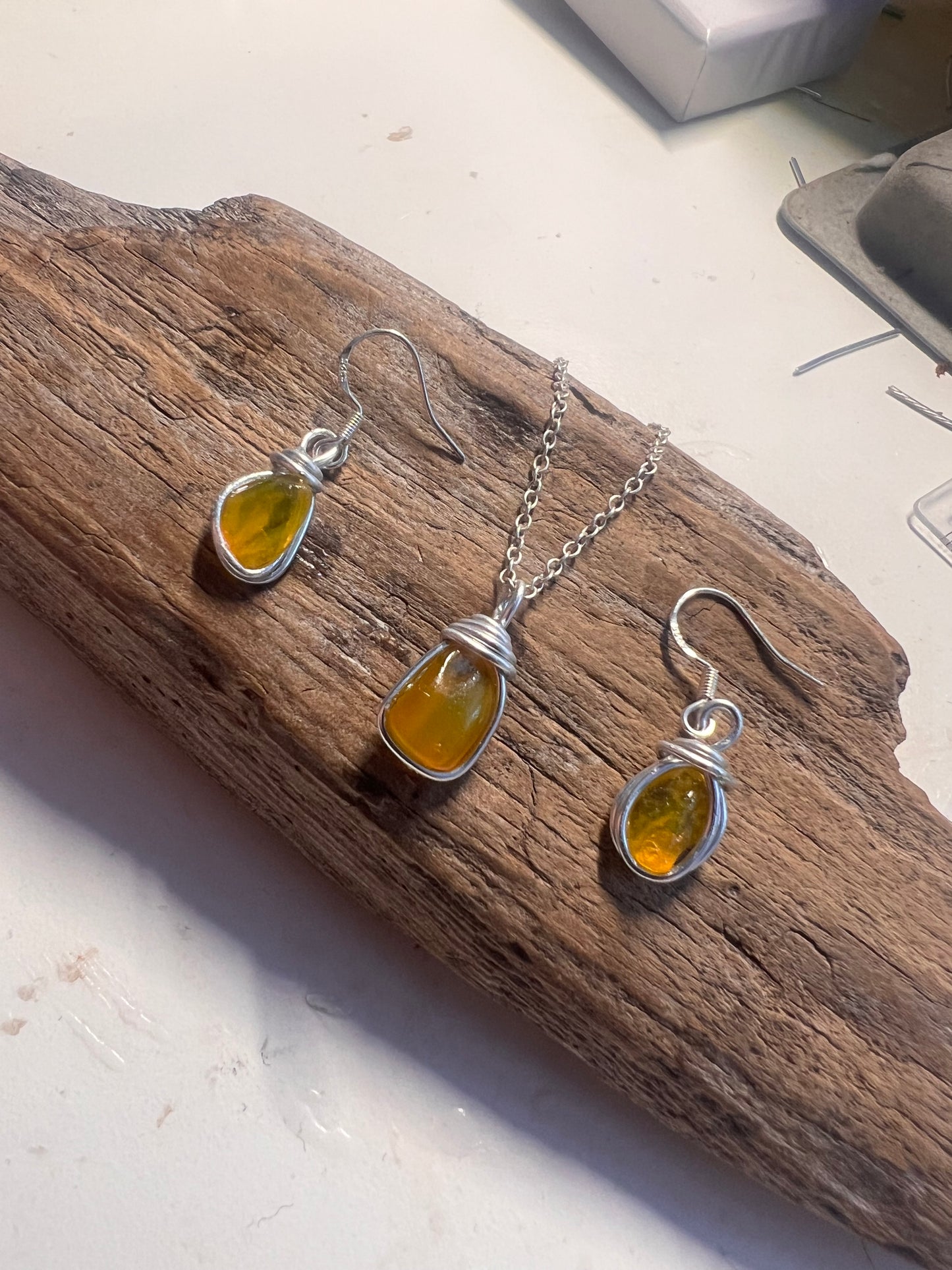 Rare Yellow Seaham Sea Glass Jewellery Set