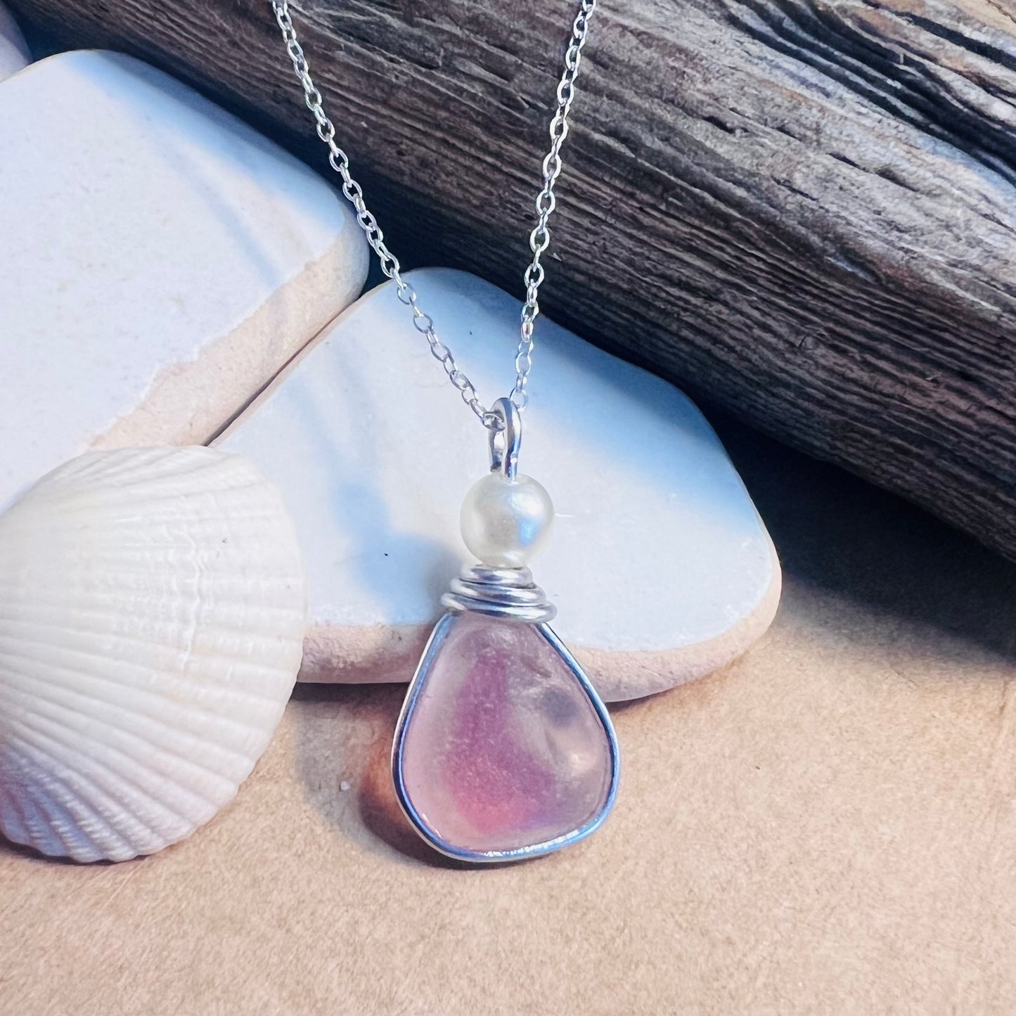 Pink & White Seaham Sea Glass Multi Pendant