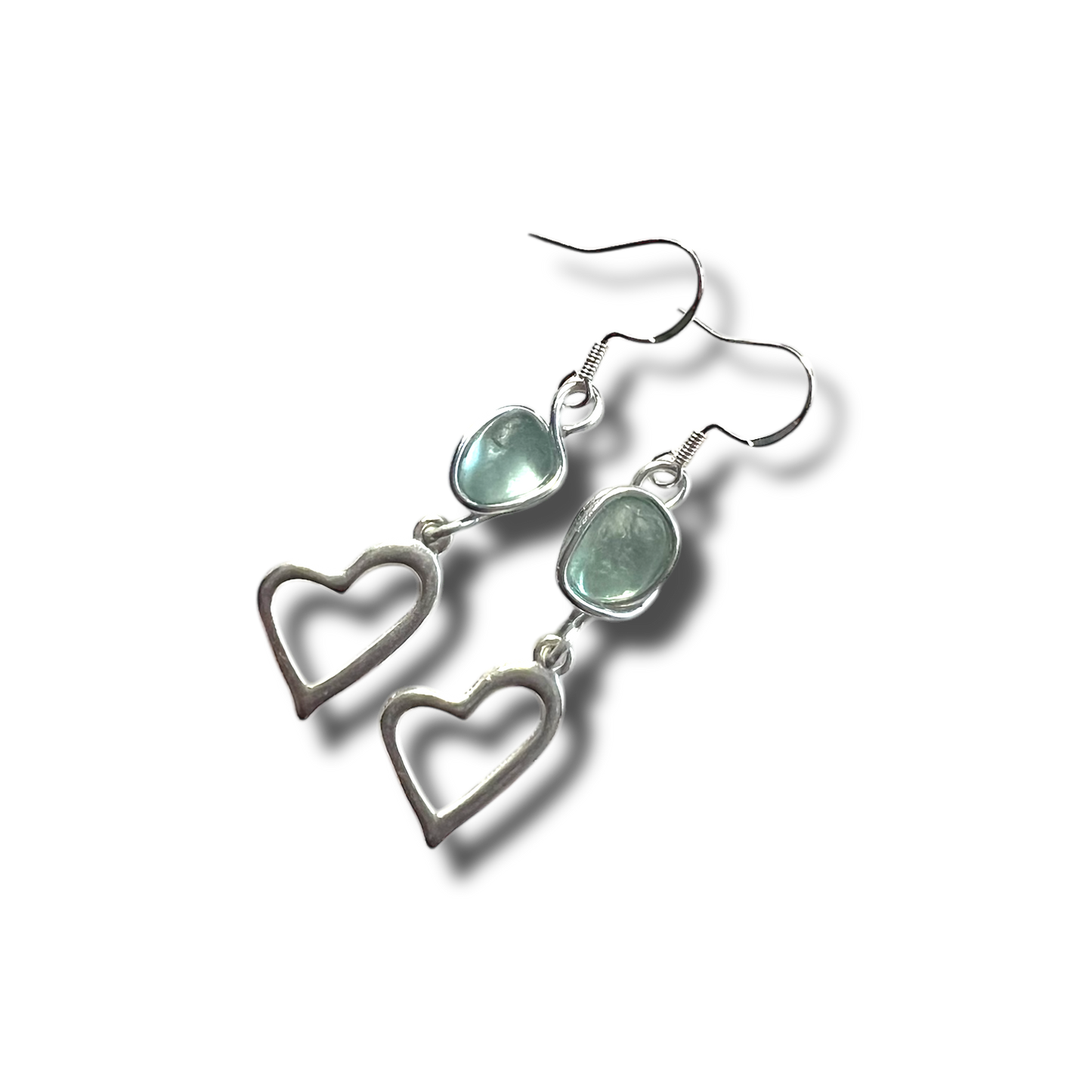Sea Glass and Heart Dangly Earrings