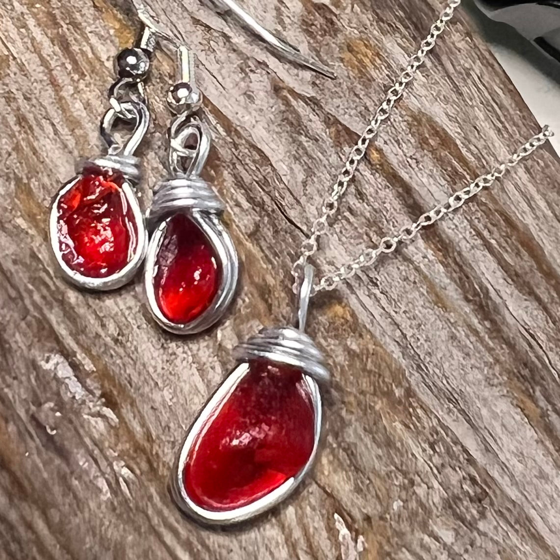 Rare Deep Orange/Red Seaham Sea Glass Jewellery Set